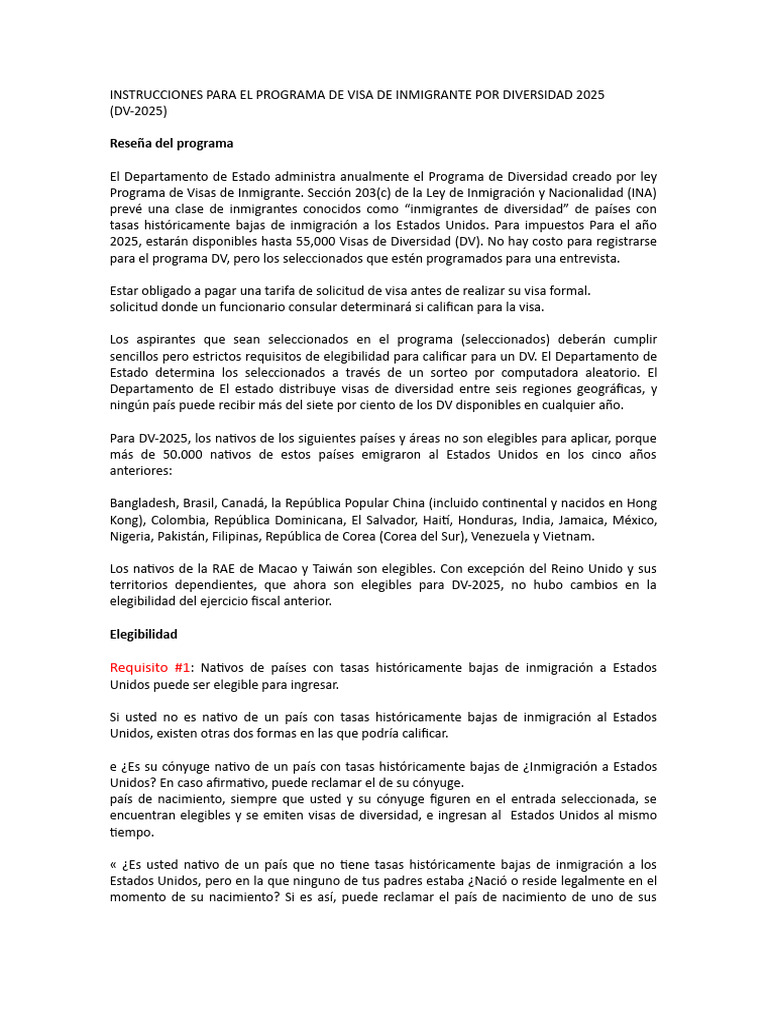 Instrucciones para El Programa de Visa de Inmigrante Por Diversidad