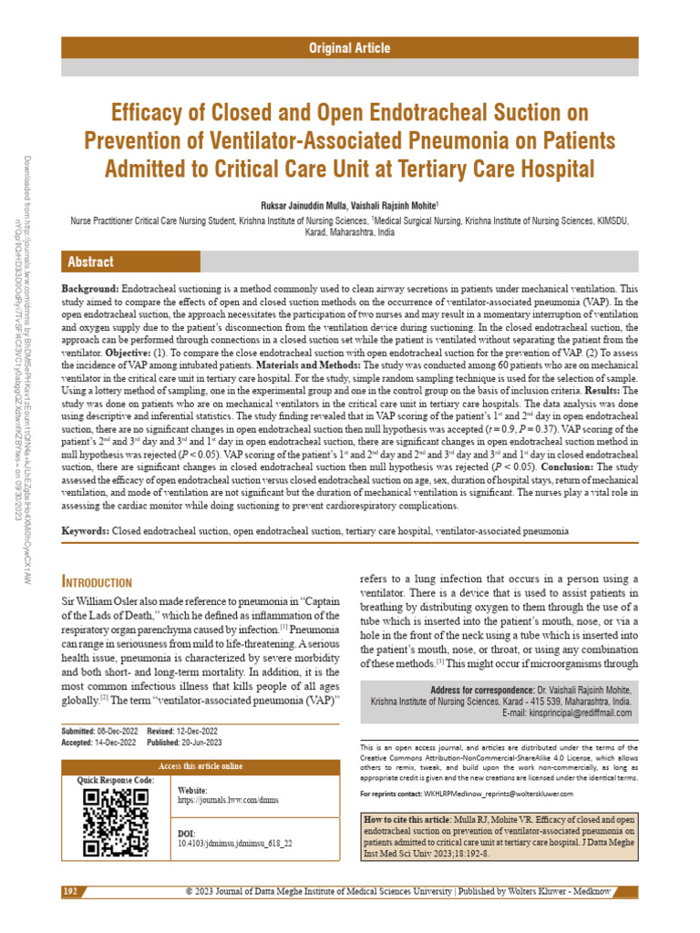 Efficacy of Closed and Open Endotracheal Suction On Prevention of ...