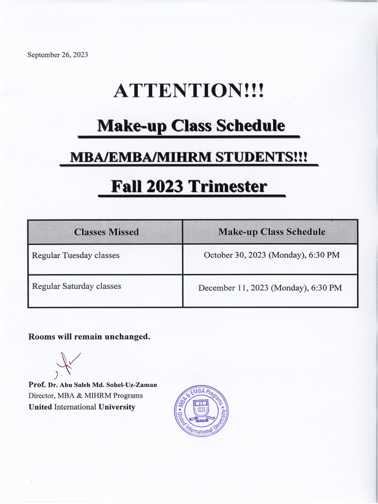 Make Up Class Schedule