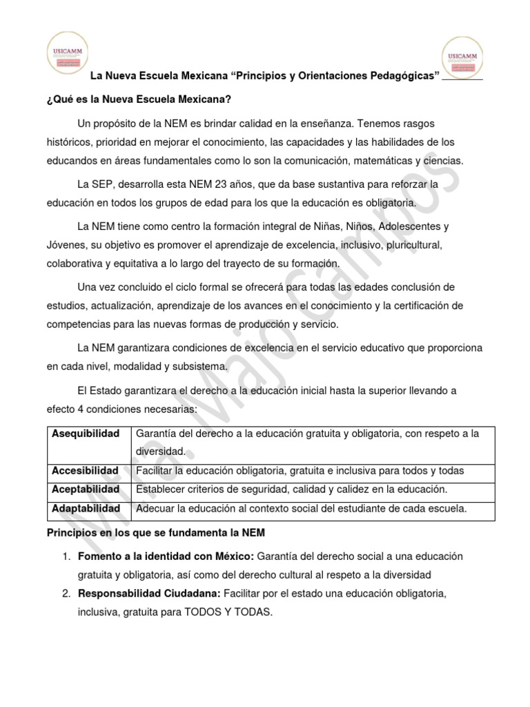 Principios de la Nueva Escuela Mexicana | PDF | Maestros | Aprendizaje