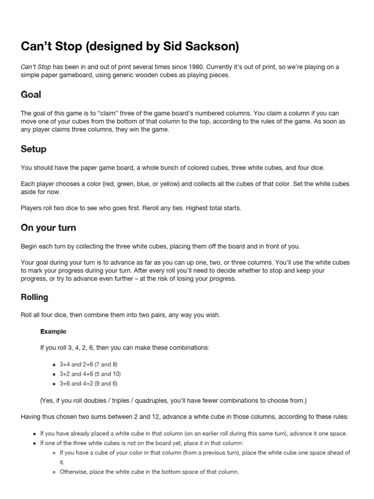 Can't Stop Game Rules and Setup Guide | PDF | Gaming | Tabletop Games
