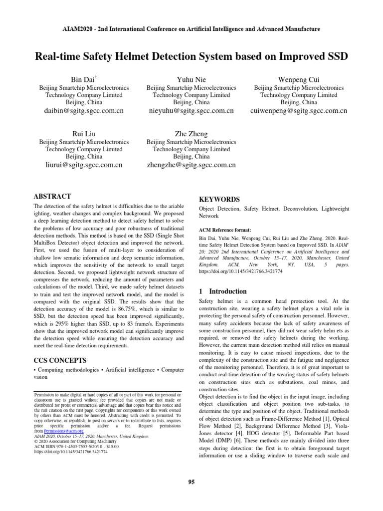 Real-Time Safety Helmet Detection System Based On Improved SSD | PDF