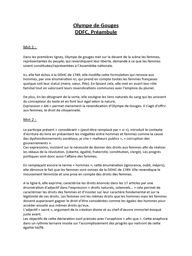 Préambule Olympe De Gouges Analyse Linéaire 11 LA Préambule DDFC Olympe de Gouges | PDF
