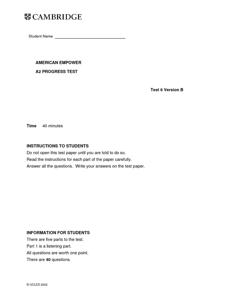 A2 Progress Test 6 Answer Key | PDF