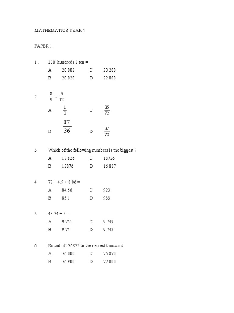 Year 4 Mathematics Test Paper | PDF | Area | Elementary Mathematics