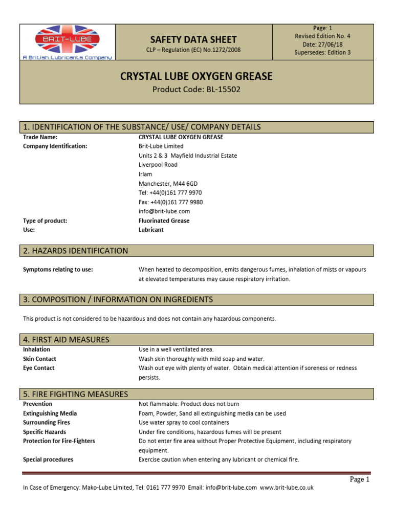 BL15502 Ultra Tek Crystal Lube Oxygen Grease SDS Download Free PDF