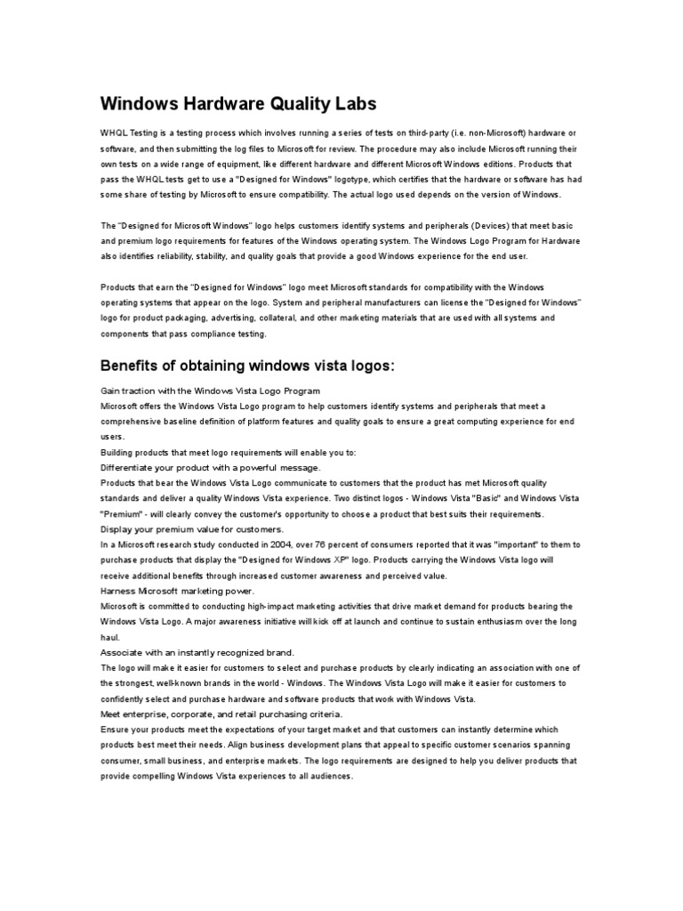 Windows Hardware Quality Labs v1 PDF Windows Vista Microsoft Windows