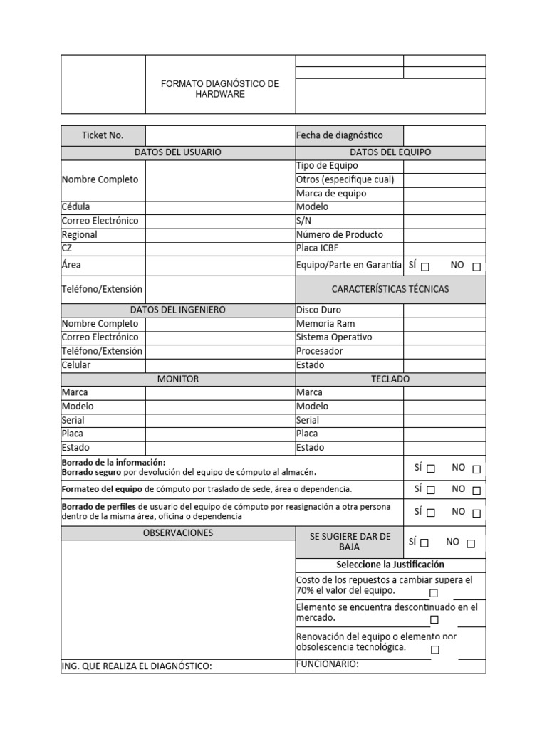 Formato de Diagnóstico de Hardware | PDF | Hardware de la computadora ...