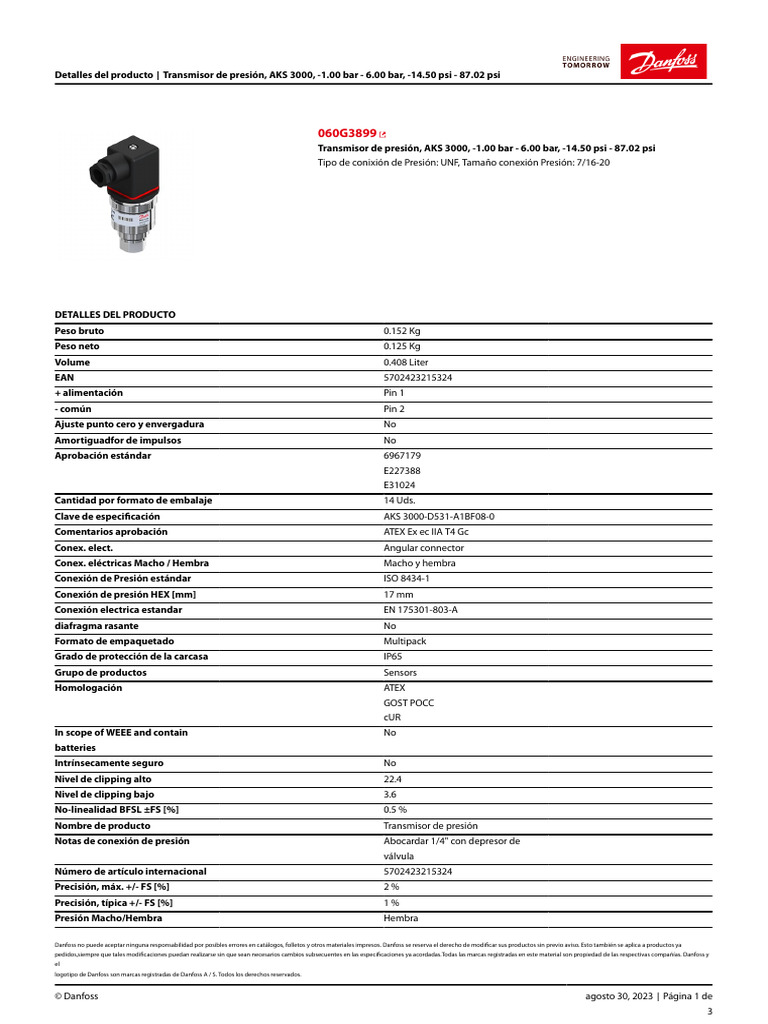 Danfoss Pressure Transmitter AKS 3000 100 Bar 600 Bar 1450 Psi 8702