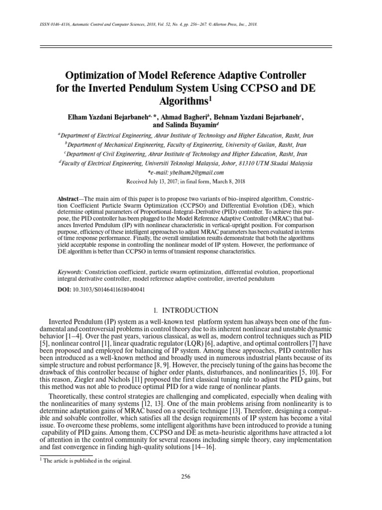 Optimization of model reference adaptive controller for the inverted
