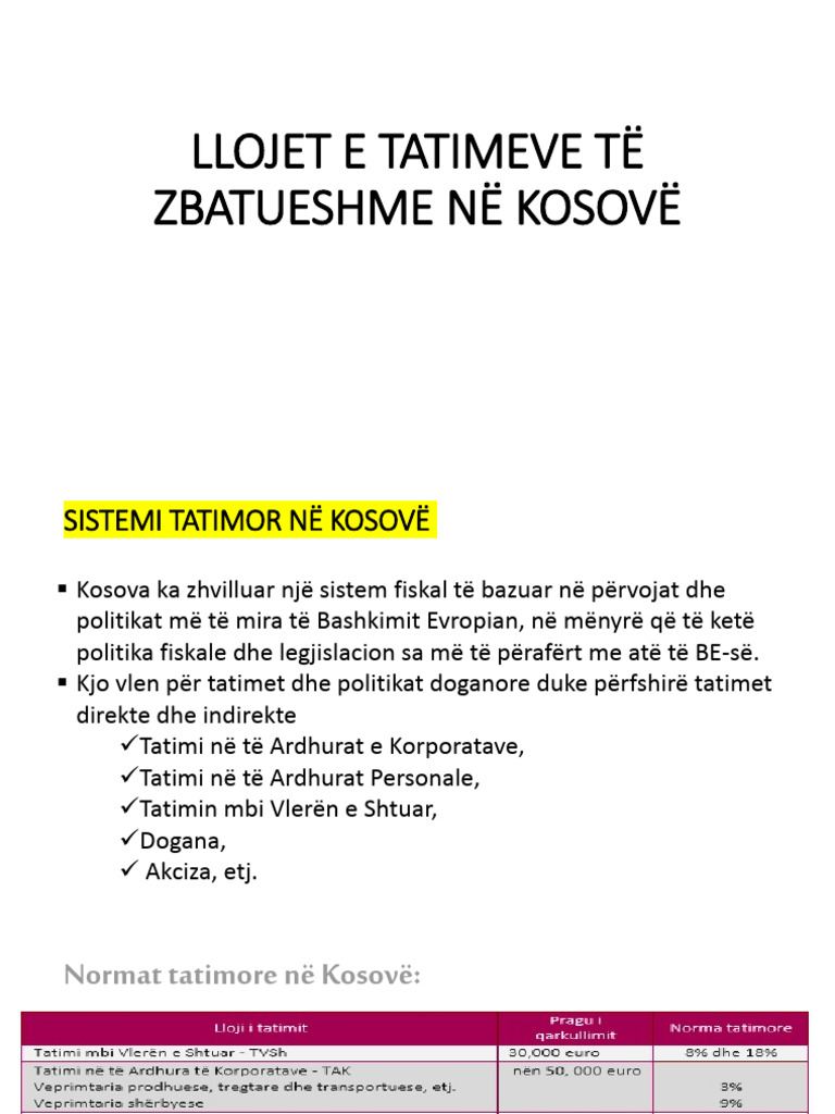 Llojet E Tatimeve Të Zbatueshme Në Kosovë | PDF
