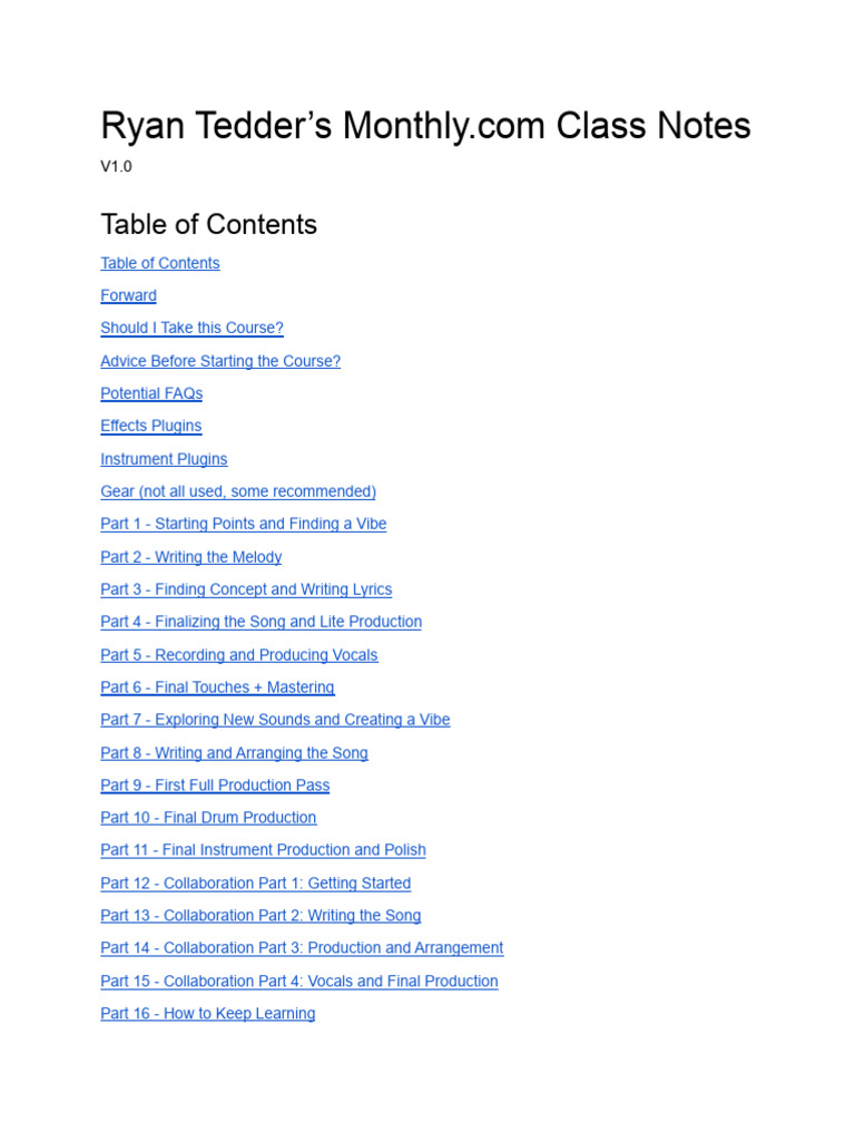 Ryan Tedder's Songwriting Class Notes PDF Song Structure Sound