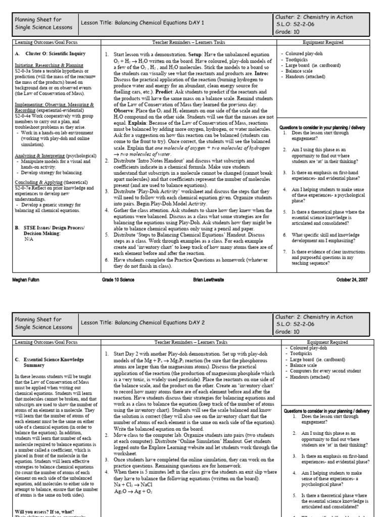 Balancing Chemical Equations Lesson Plan | PDF | Self-Improvement