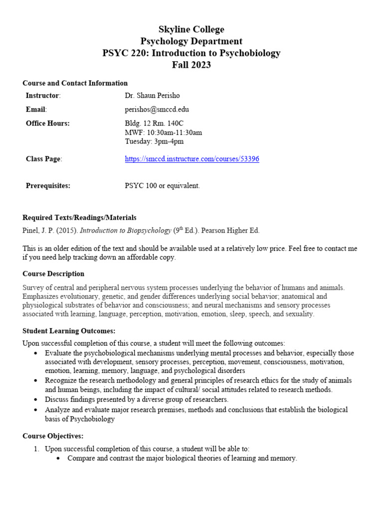 PSYC 220 Syllabus: Psychobiology Fall 2023 | PDF | Behavioral ...