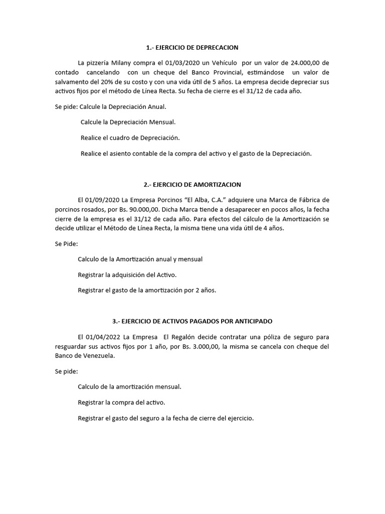 Ejercicios de Depreciación y Amortización | PDF