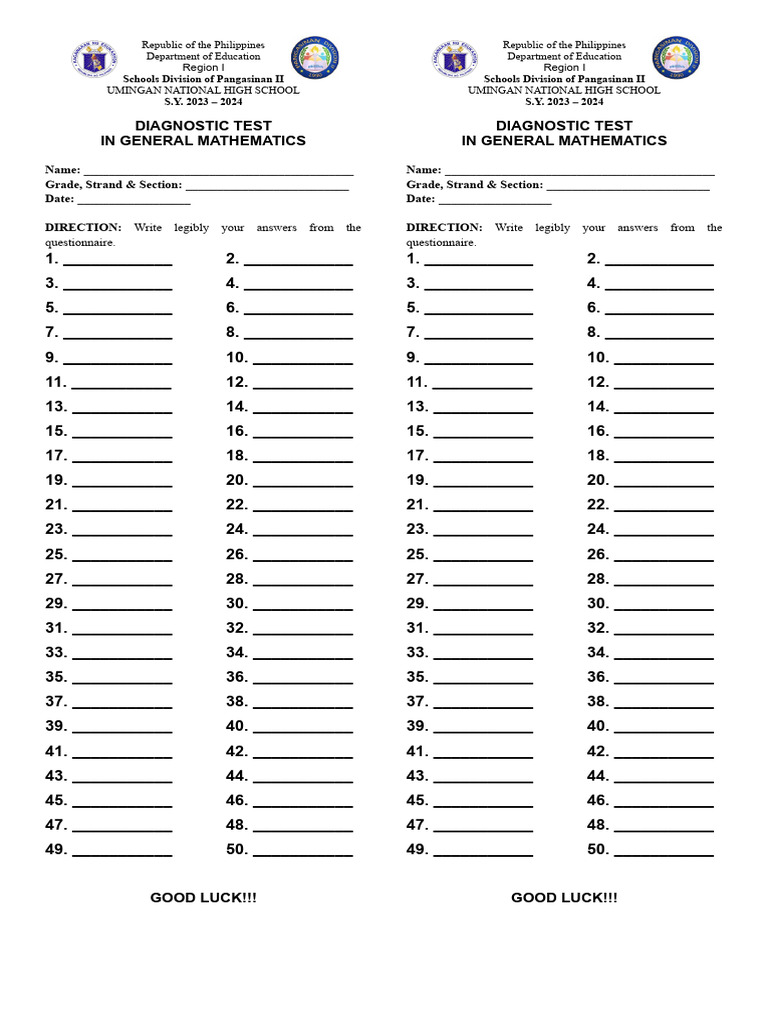 Diagnostic Test Answer Sheet PDF Evaluation Methods
