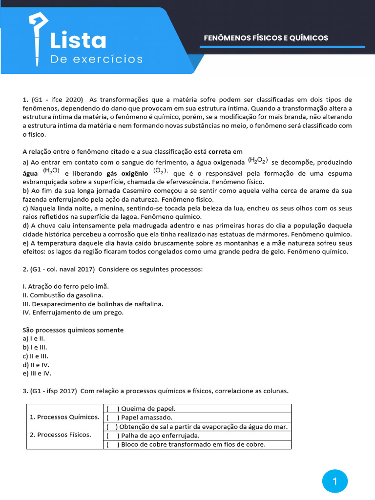 Exercícios sobre Fenômenos Físicos e Químicos | PDF | Reações químicas ...