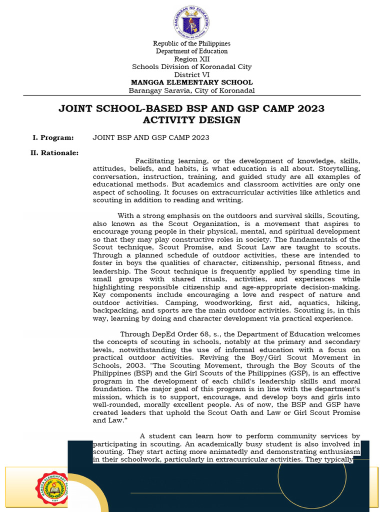 BSP and GSP Camp 2023 Activity Design | PDF | Scouting | Outdoor Recreation