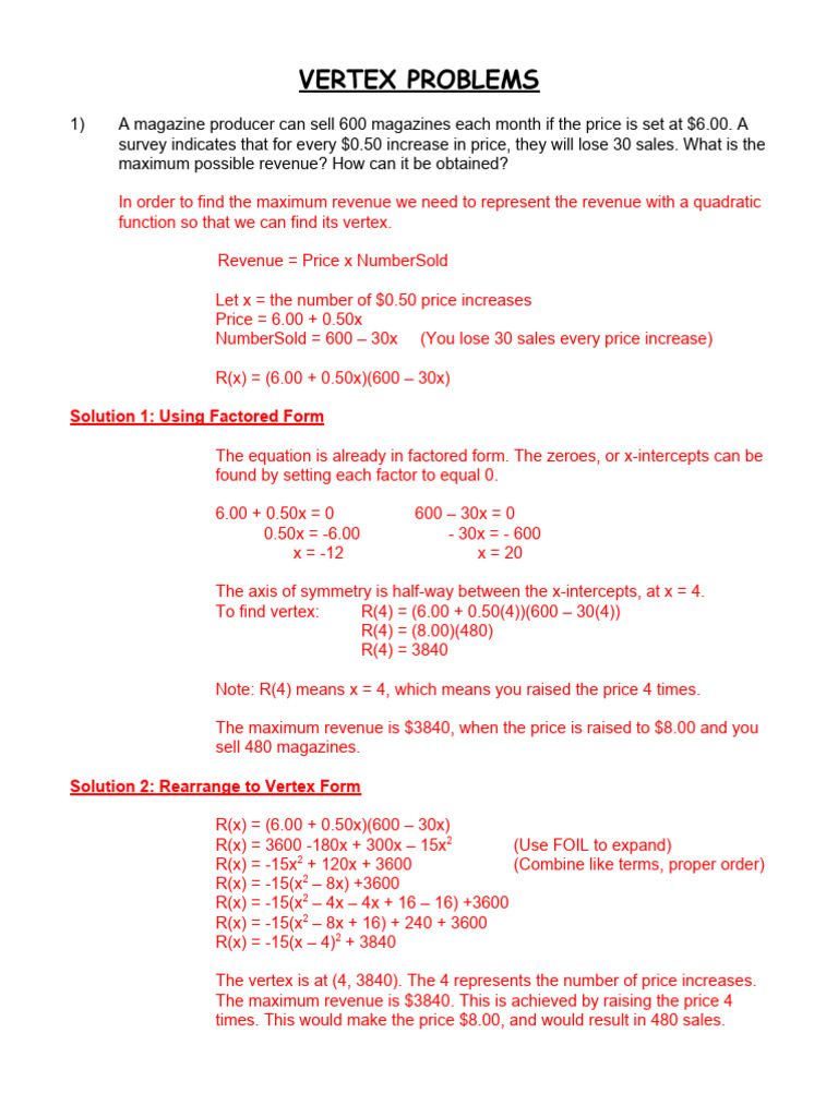 Vertex Problems: Maximizing Revenue & Area | PDF | Area | Elementary ...