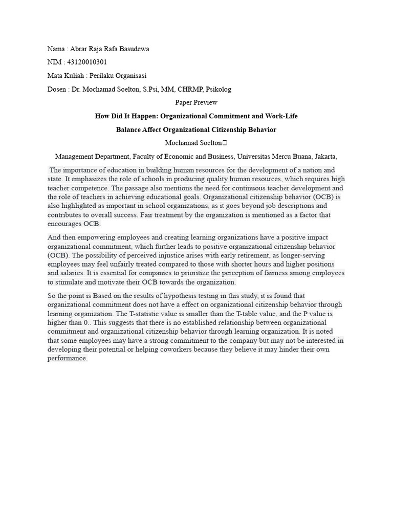 How Did It Happen: Organizational Commitment and Work-Life Balance ...