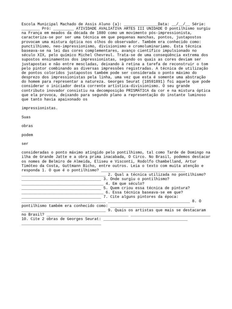 Atividade Avaliativa Pontilhismo | PDF | Estilo de vida