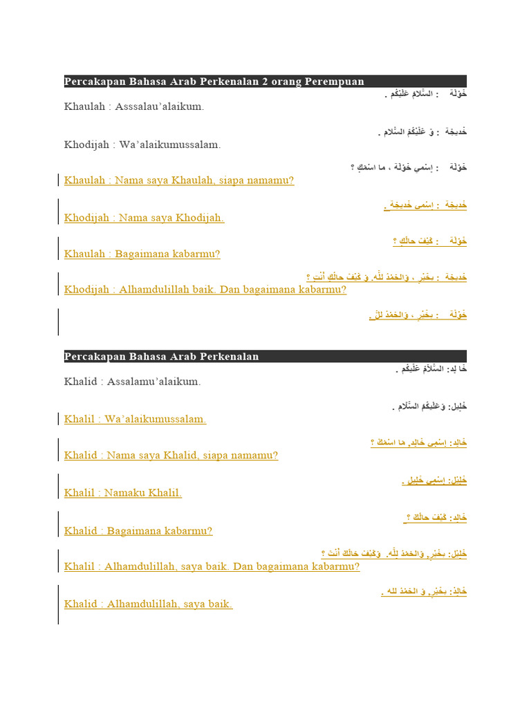 Percakapan Bahasa Arab Perkenalan 2 Orang Perempuan | PDF