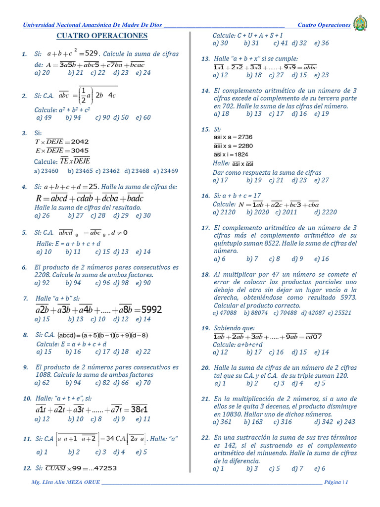 Ejercicios de Cuatro Operaciones Matemáticas | PDF | Sustracción ...