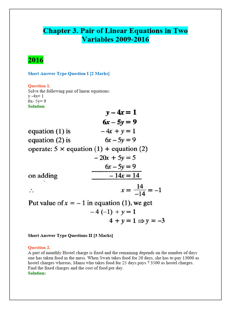 Chapter 3 Pair of Linear Equations in Two Variables - Answers 2009-2016 ...