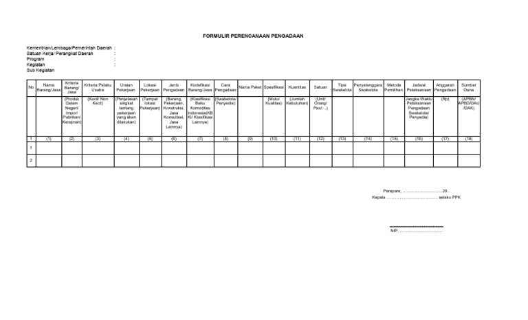 Pbj Format Formulir Perencanaan Pengadaan Penyedia Dan Swakelola Pdf