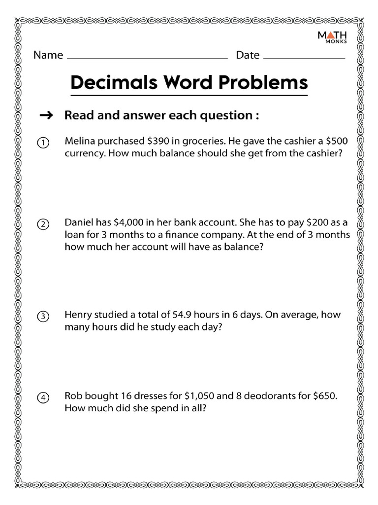 Decimal word problems worksheet pdf