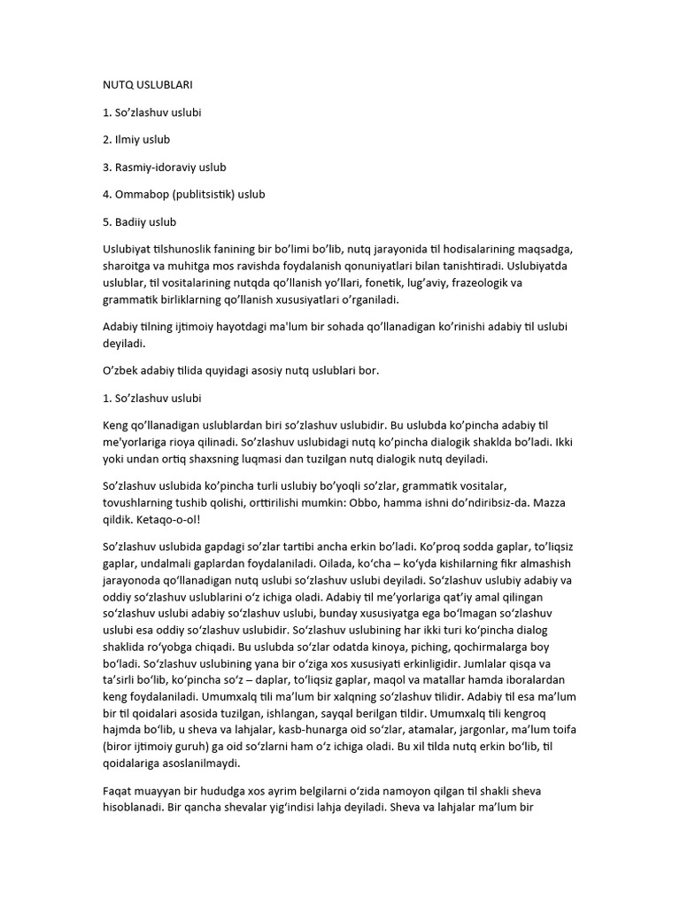 Nutq Uslublari So'Zlashuv Uslubi | PDF