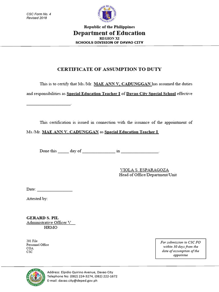 Cs form no 4 certificate of assumption to duty pdf