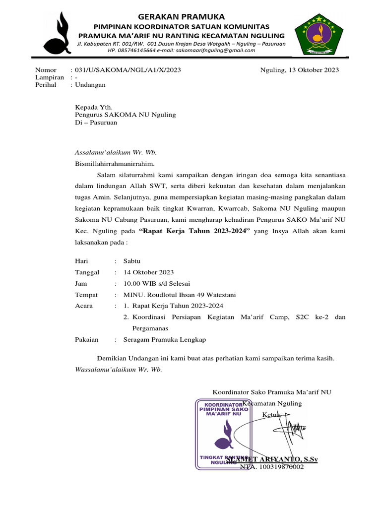 Undangan Rapat Kerja Pramuka NU Nguling | PDF