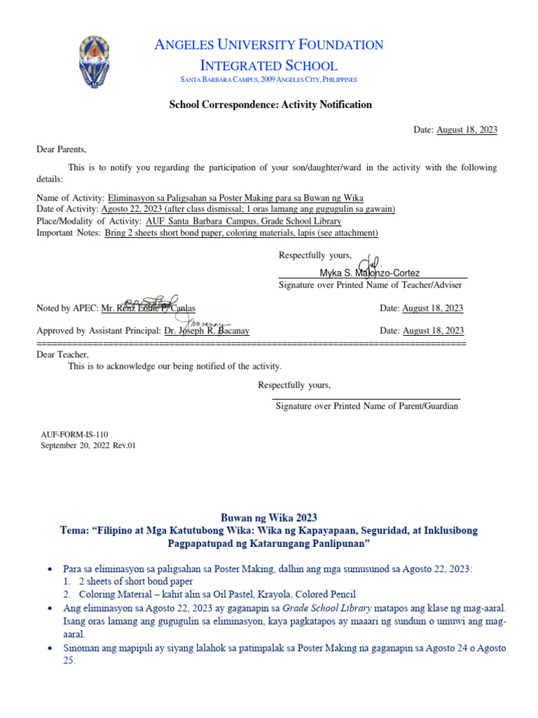 Activity Notification Form para sa Poster Making Elimination PDF