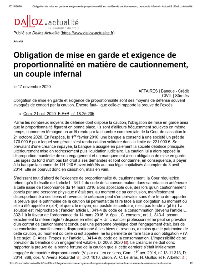 Obligation de mise en garde et exigence de proportionnalité en matière de cautionnement, un