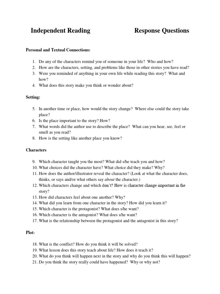 Independent Reading Response Questions PDF