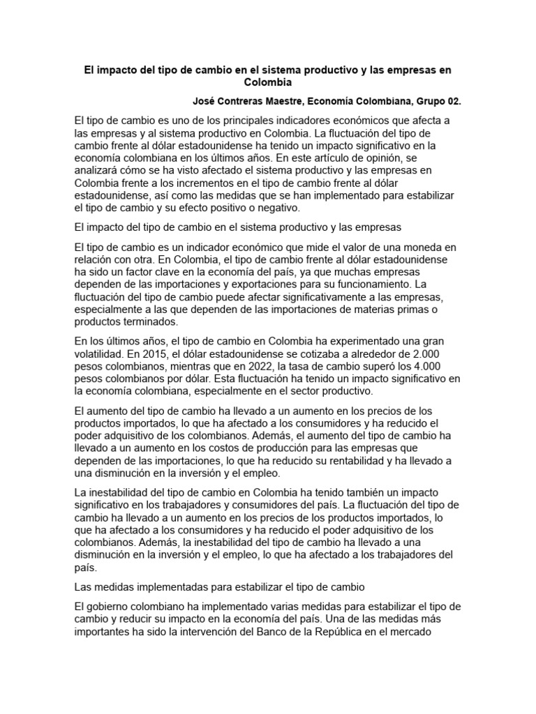 El Impacto Del Tipo de Cambio en El Sistema Productivo y Las Empresas ...