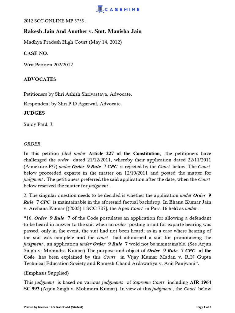 CASEMINE Rakesh Jain and Another v. Smt. Manisha Jain PDF Supreme