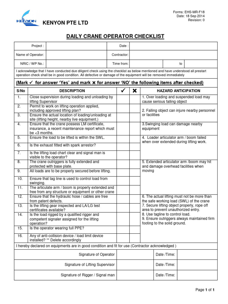 EHS-MR-F18 - Crane Operator Checklist | PDF