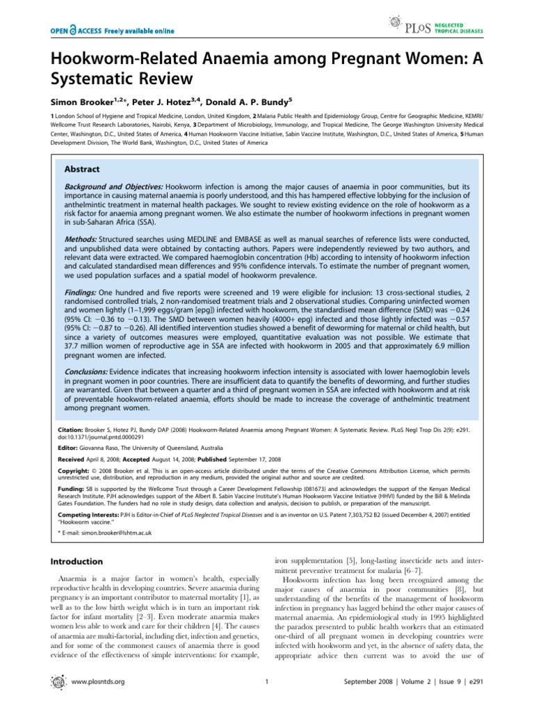 HookwormRelated Anaemia Among Pregnant Women A Systematic Review