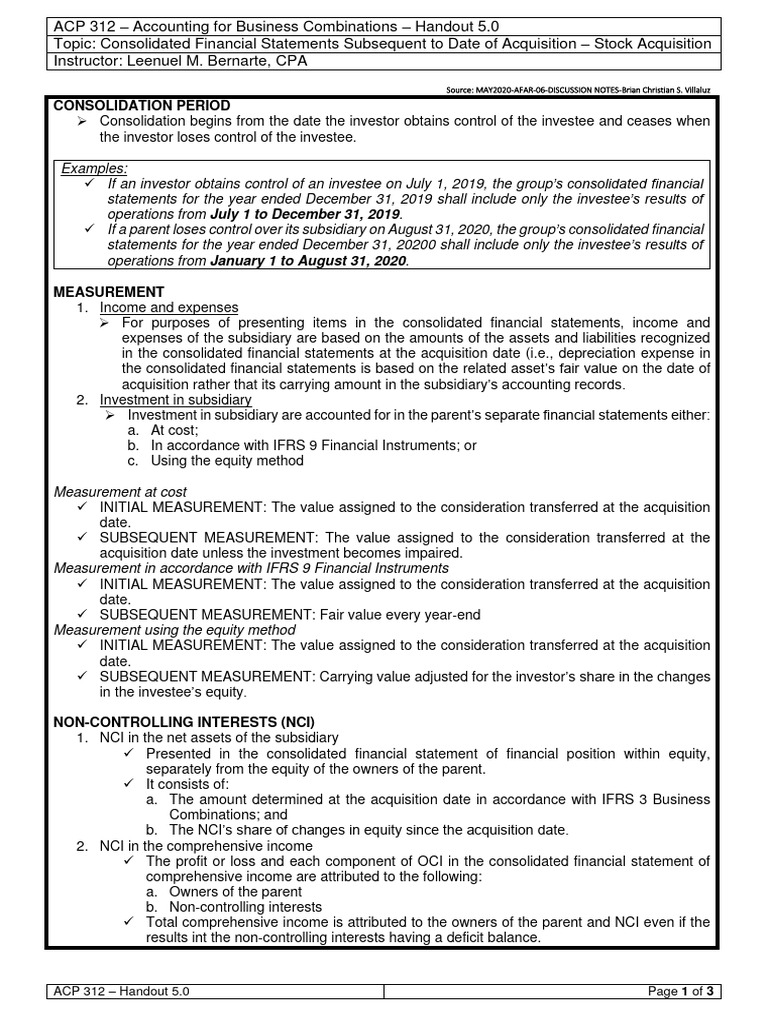 Handout 5 0 acp 312 consolidated fs subsequent to date of acquisition