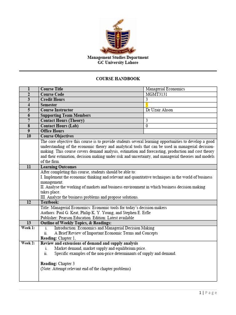 Managerial Economics Course Outline of MSD GCU Lahore 2023 PDF