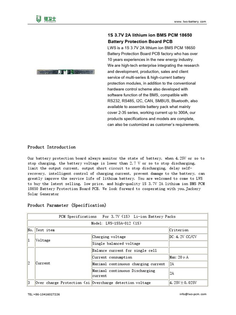 1S 3.7V 2A BMS PCB Overview | PDF | Lithium Ion Battery | Electronic ...