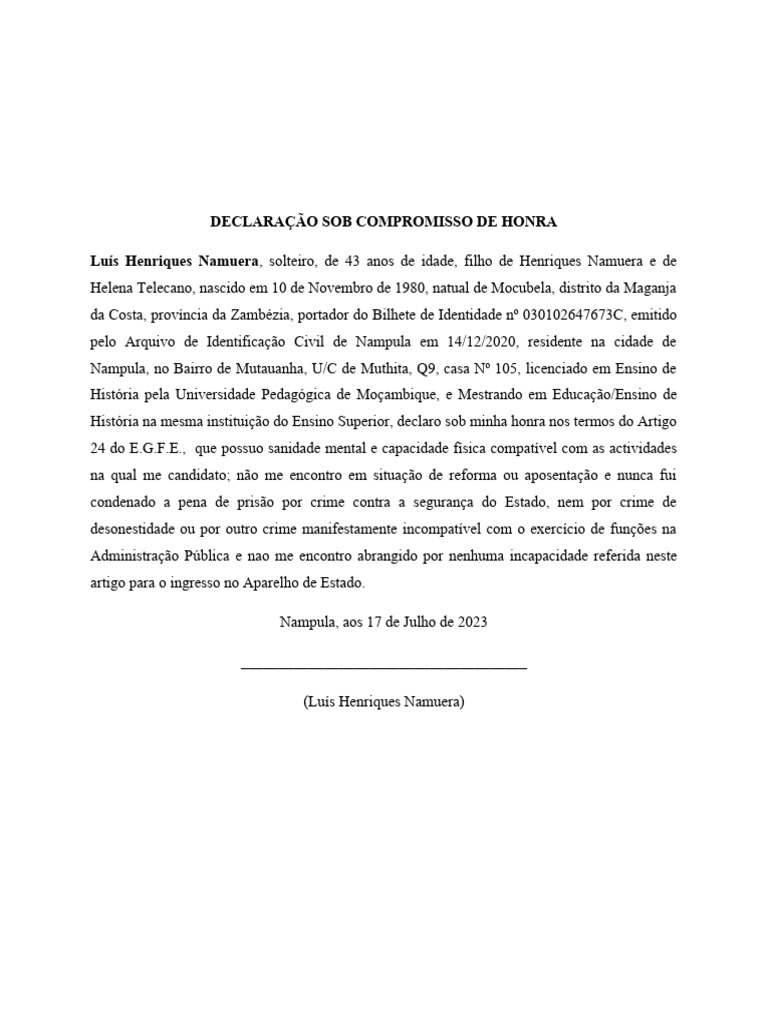 Declaração Sob Compromisso de Honra - STAE-Namuera-2923 | PDF