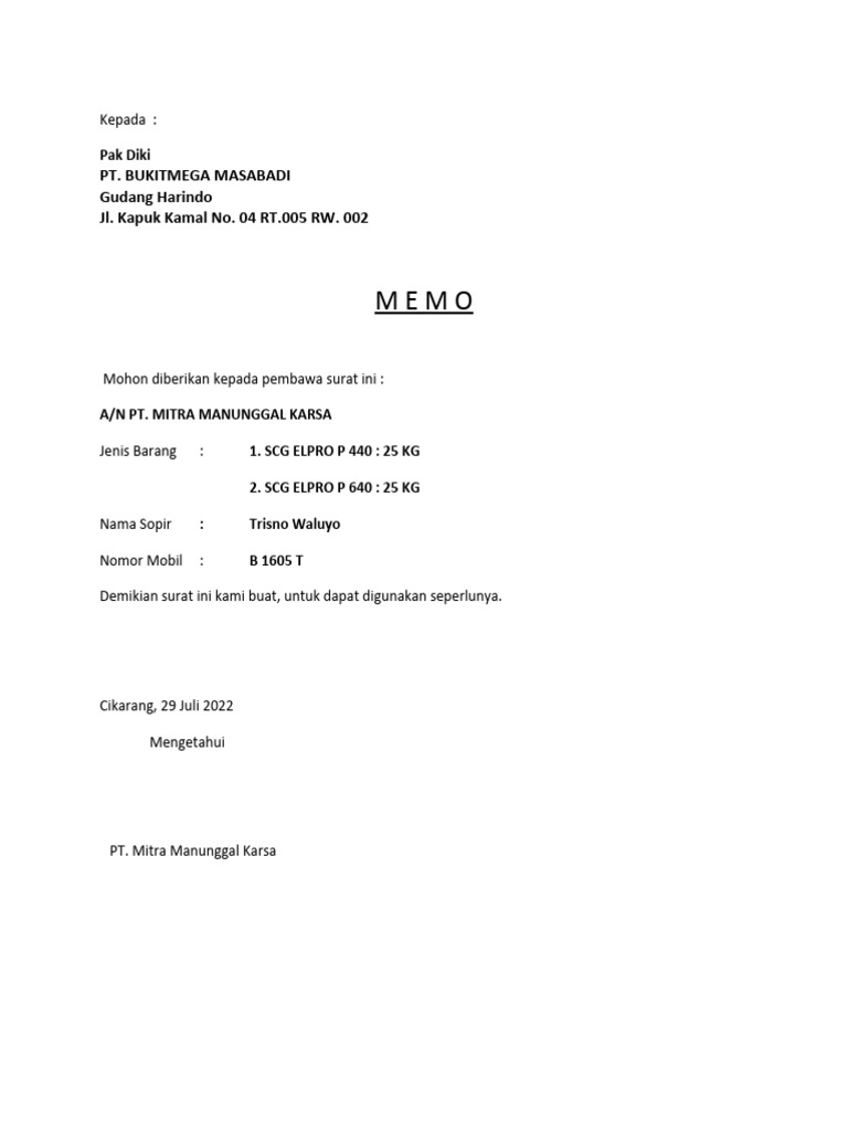 Memo Bukitmega JAN-2018 | PDF | Teknologi & Rekayasa