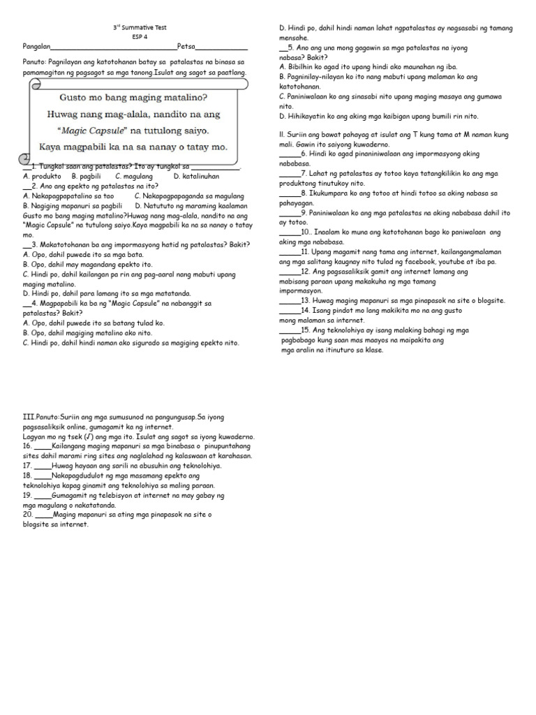 3rd Summative Test ESP 5 | PDF
