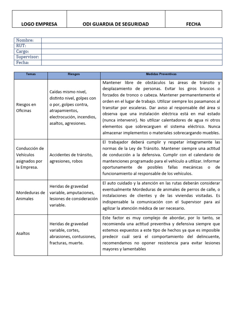 Odi Guardias de Seguridad | PDF | Seguridad y salud ocupacional