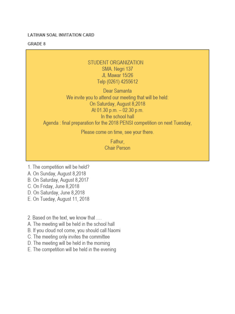 Latihan Soal Invitation Card 8 PDF