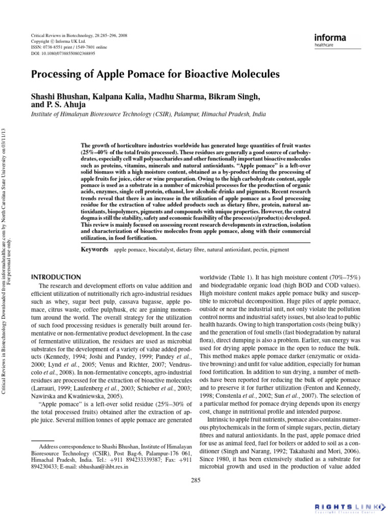 Processing of Apple Pomace For Bioactive Molecules PDF Dietary