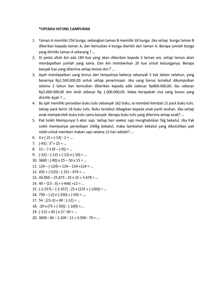 Soal Operasi Hitung Campuran Matematika | PDF | Metode & Bahan Ajar ...